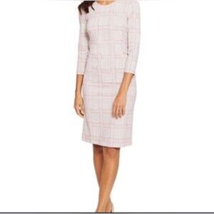 J. McLaughlin Pink and Tan Houndstooth Plaid  Sleeve Dress Catalina Cloth Sheath